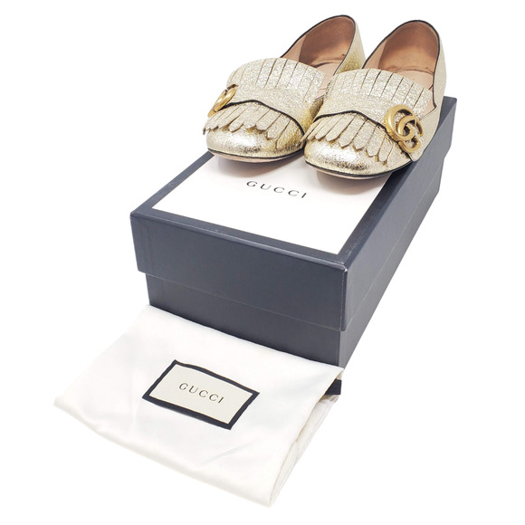 Gucci Shoes GG Marmont GG Logo Gold Metallic Loafers Flats EU 38.5 - Picture 2 of 11